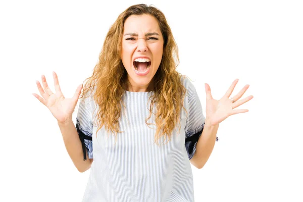 Upset Young Woman Screaming Fear Anger Having Fight Angry Woman — Stock Photo, Image
