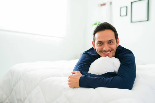 Handsome Latin Man Pjs Lying Resting His Comfy Bed Smiling — Stock Photo, Image
