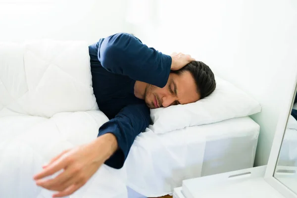 Upset Man Waking Bed Hangover Night Out Drinking Hispanic Man — Stock Photo, Image
