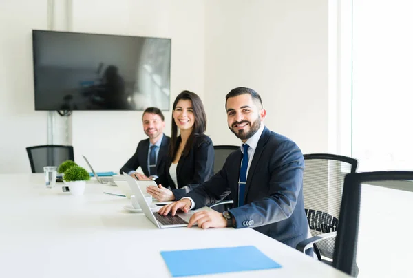 Portrait Attractive Business Executives Suits Smiling While Sitting Meeting Room — Stock Photo, Image