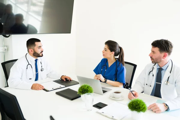 Handsome Hospital Director Talking Medical Board Meeting Room Specialist Checking — Stock Photo, Image