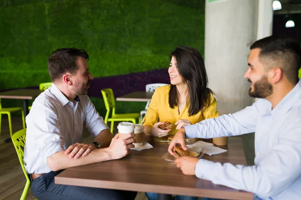 Enjoying Meal Work Happy Workers Eating Lunch Together Food Court — Stock Photo, Image