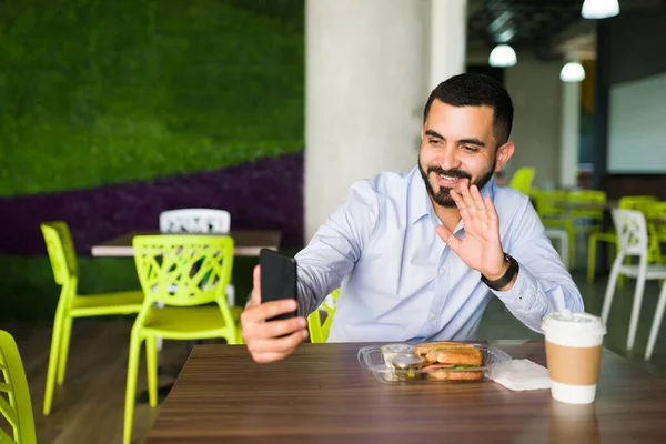 Catching His Girlfriend Handsome Young Man Saying Hello His Friend — Stock Photo, Image