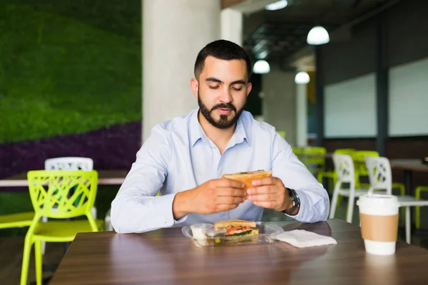 Happy Relax Cafe Work Good Looking Young Man Take Bite — Stock Photo, Image