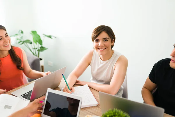 Portrait Attractive Female Student Smiling Finishing Her Homework Help Her — Stock Photo, Image