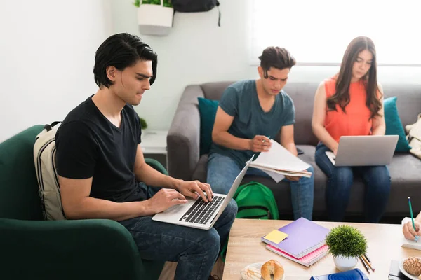 Handsome Young Man Focusing Finishing College Homework His Laptop Company — Stock Photo, Image