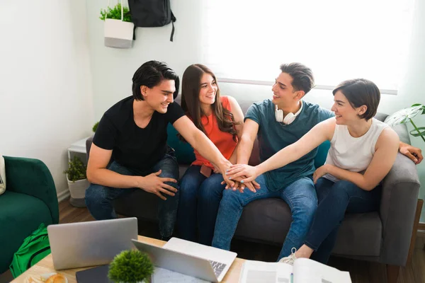 Evet, bütün üniversite ödevlerimizi bitiririz. Mutlu genç öğrenciler beşlik çakıyor ve ödevlerini birlikte bitirdikten sonra kutlama yapıyorlar.