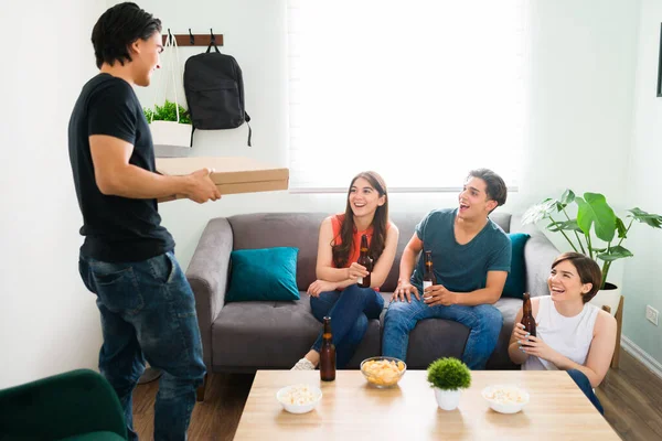 Pizza Here Young Man Arriving Boxes Pizza Friend Party Happy — Stock Photo, Image