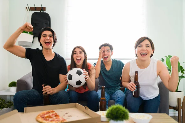 Good Looking Group Diverse Friends Watching Soccer Match Shouting Happiness — Stock Photo, Image