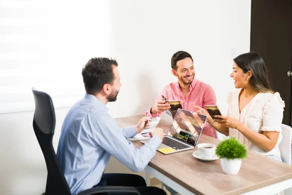 Vacation Destination Beautiful Couple Checking Out Brochure Deciding Honeymoon Travel — Stock Photo, Image