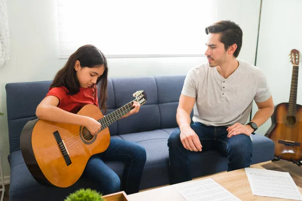 Artistic Talented Girl Showing Her Latin Music Teacher New Song — Stock Photo, Image