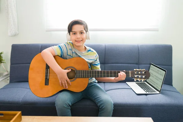 Learning Compose Own Songs Portrait Cute Boy Learning Play Acoustic — Stock Photo, Image