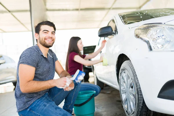 Portrait Handsome Young Man Smiling While Washing His Car Help — Stock Photo, Image