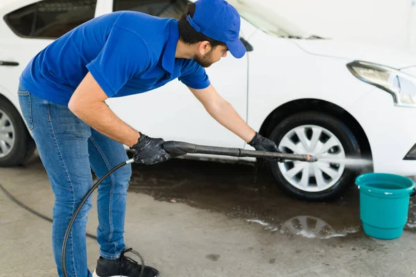 Car Wash Auto Detail Service Hispanic Male Worker Gloves Using — Stock Photo, Image