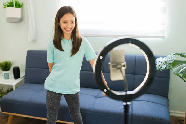 Cheerful Caucasian Young Girl Dancing Recording Video Her Social Media — Stock Photo, Image