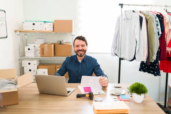 Portrait Successful Latin Entrepreneur Typing Laptop Reading Work Papers While — Foto de Stock