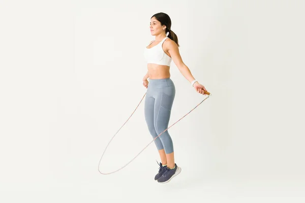 Enjoying Jumping Rope Gorgeous Young Woman Training Cardio Workout Fit — Stock Photo, Image