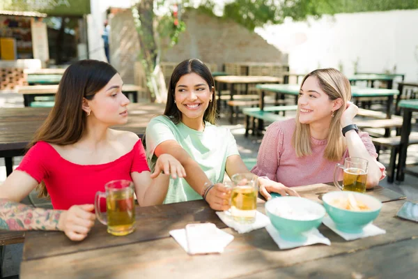 Cheerful Female Best Friends Talking Relaxing Drinks Bar Beautiful Multiracial — Stock Photo, Image