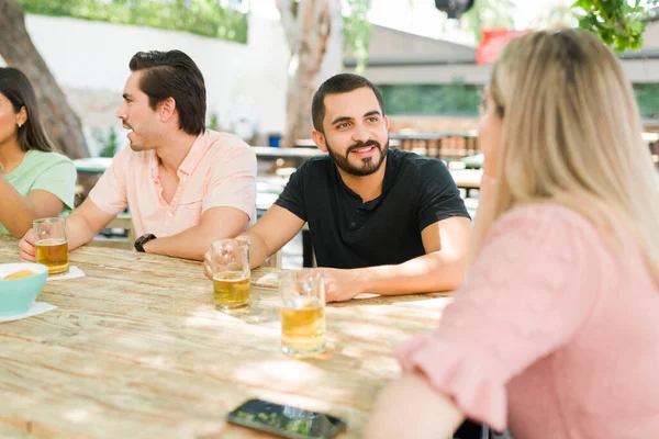 Attractive Hispanic Young Man Listening Nice Conversation His Female Friend — Stock Photo, Image