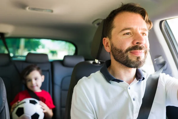 Our Way Soccer Practice Handsome Hispanic Man His 30S Driving — Stock Photo, Image