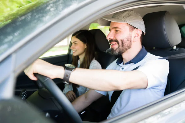 Excited Couple Driving Beach Taking Road Trip Together Attractive Boyfriend — Stock Photo, Image