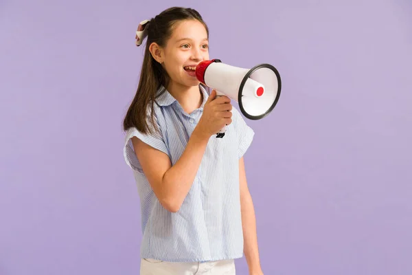 Making Great Announcement Adorable Little Girl Holding Megaphone Shouting Exciting — Stock Photo, Image