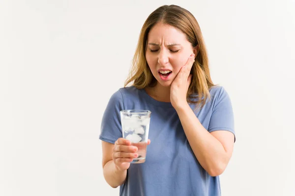 Distressed Young Woman Rubbing Her Face Suffering Tooth Sensitivity Because — Stock Photo, Image