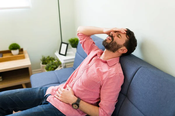 Stressed Man Suffering Strong Migraine Latin Man Headache Closing His — Stock Photo, Image