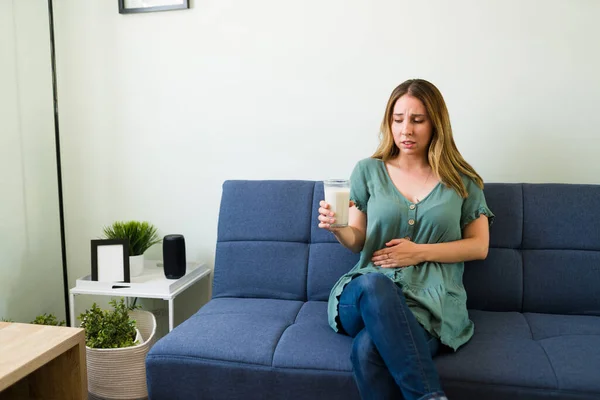 Sad Young Woman Drinking Glass Milk Feeling Nauseous Lactose Intolerant — Stock Photo, Image