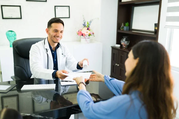 Thankful Young Woman Reaching Grab Medical Prescription Bottle Pills His — Stock Photo, Image