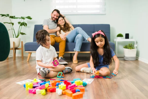 Adorable Small Brother Sister Playing Colorful Building Blocks Having Fun — Zdjęcie stockowe