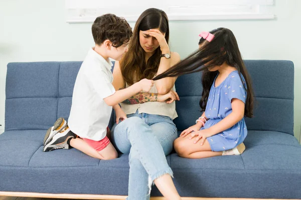 Leave Your Sister Alone Tired Young Woman Feeling Stressed While — Stock fotografie