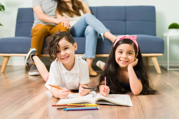 Having Fun While Coloring Portrait Adorable Cute Siblings Smiling While — Stock fotografie