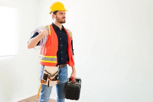 Ready Start Work Proud Attractive Electrician Protective Gear Holding Toolbox — Stock Photo, Image