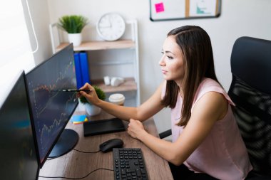 Hisse senedi alma zamanı. Evden çalışan ve bilgisayara kalemle işaret eden profesyonel bir iş kadını. 