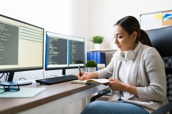 Die Planung Meines Arbeitstages Schöne Professionelle Frau Und Programmiererin Schreibt — Stockfoto