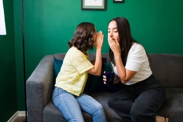 Wow Cant Believe Hispanic Young Woman Whispering Big Secret Her — Stock Photo, Image