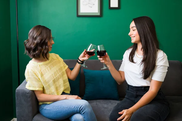 Cheers Our Friendship Beautiful Young Women Making Toast Red Wine — Stock Photo, Image