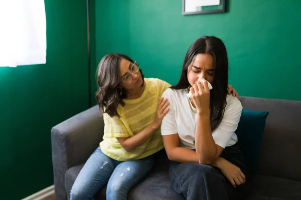 Here You Empathic Woman Hugging Her Sad Best Friend Young — Stock Photo, Image