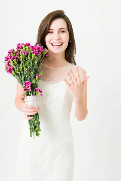 Excited Attractive Young Woman Laughing Feeling Happy Getting Engaged Married — Stock Photo, Image
