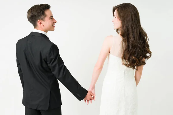 Rear View Happy Young Woman Wedding Gown Man Black Suit — Stock Photo, Image