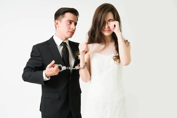 Sad Young Wife Crying Her Wedding Day While Handcuffed Her — Stock Photo, Image