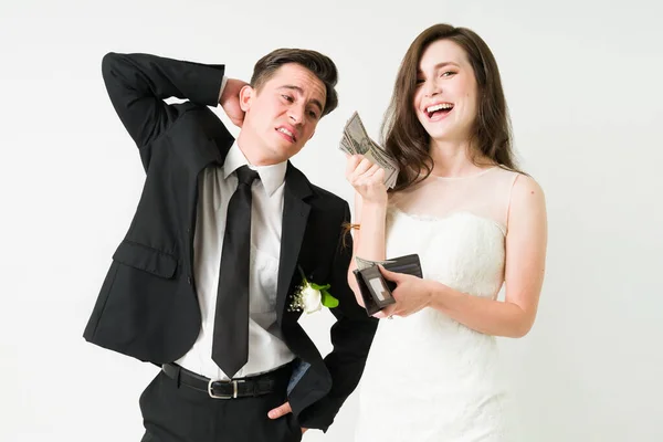 Beautiful Young Wife Feeling Excited While Showing Wallet Money Stressed — Stock Photo, Image