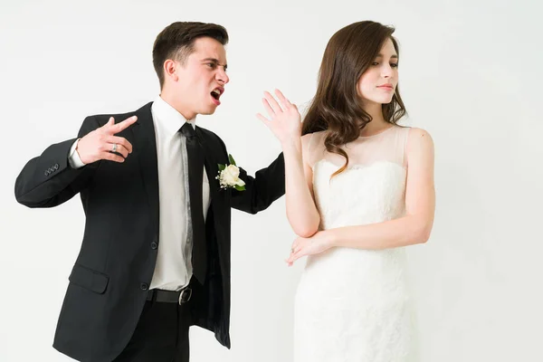 Angry You Upset Husband Black Suit Shouting Her Annoyed Bride — Stock Photo, Image