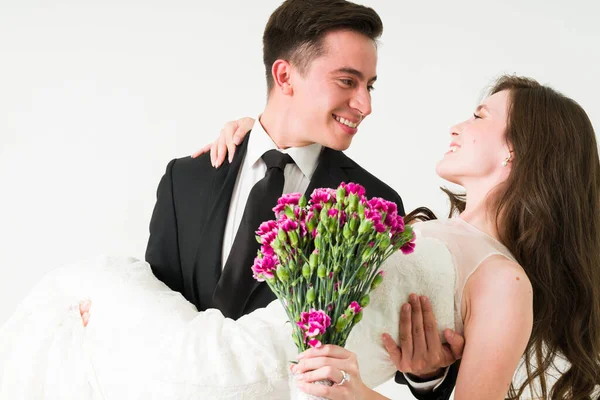 Love You Much Charming Groom Carrying Her Pretty Wife Getting — Stock Photo, Image