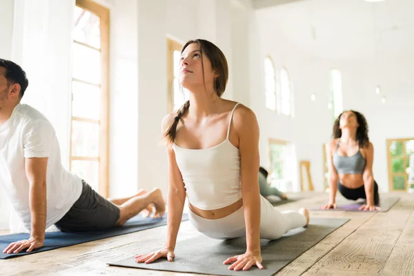 Attraktive Junge Frau Posiert Fitnessstudio Mit Nach Oben Gerichtetem Hund — Stockfoto