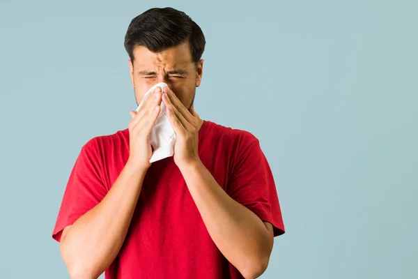 Feel Bad Sick Young Man Blowing His Nose Paper Tissue — Stock Photo, Image