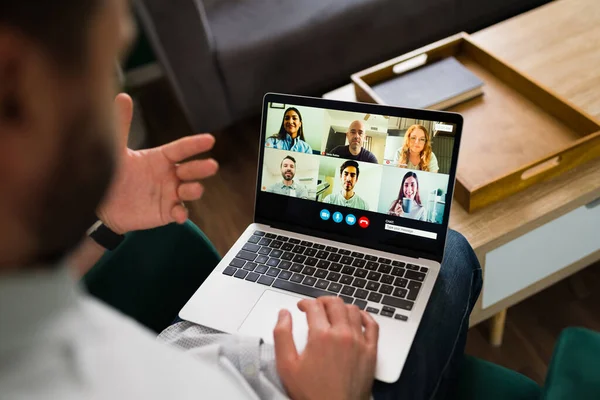 Friends Happy Man Talking Family Workers Online Video Call His — Stock Photo, Image