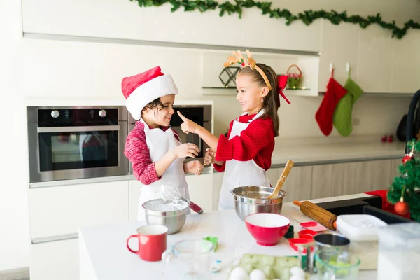 Playing Cookie Dough Adorable Siblings Santa Hats Having Fun Kitchen — Stock Photo, Image