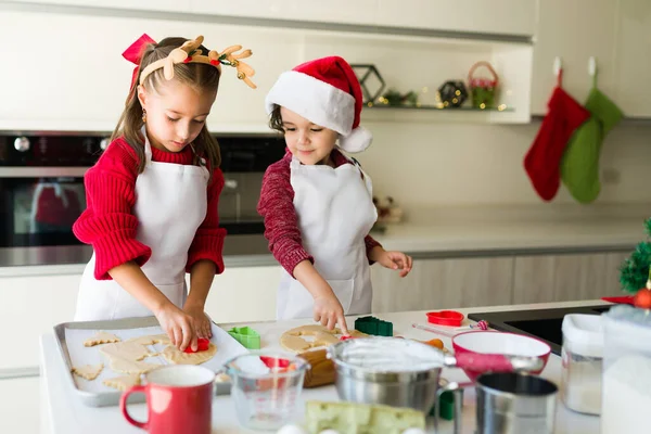 Schattige Broertjes Zusjes Met Rendieren Kerstmutsen Genieten Van Het Bakken — Stockfoto